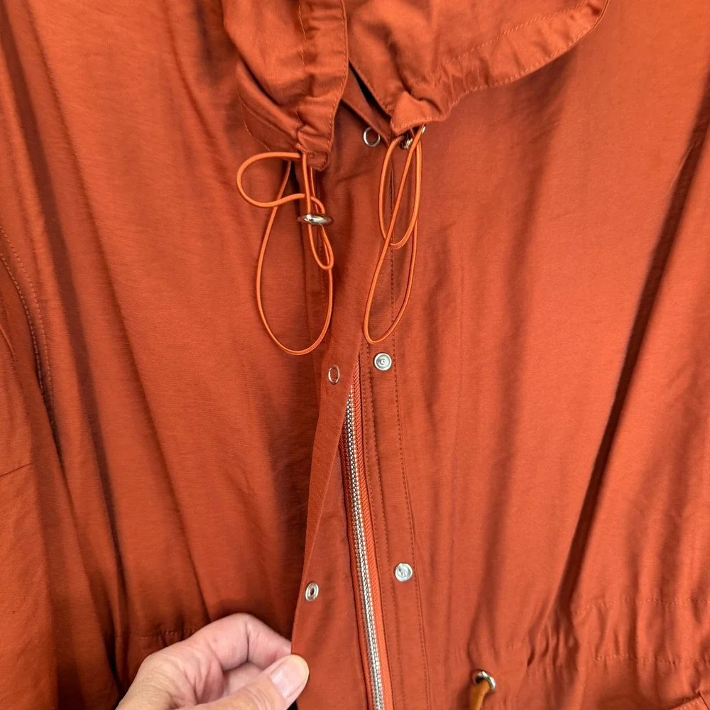 Womens Large Rust Orange Utility Coat Trench LONG Drawstring Long Rayon BBY1002 - Picture 8 of 16